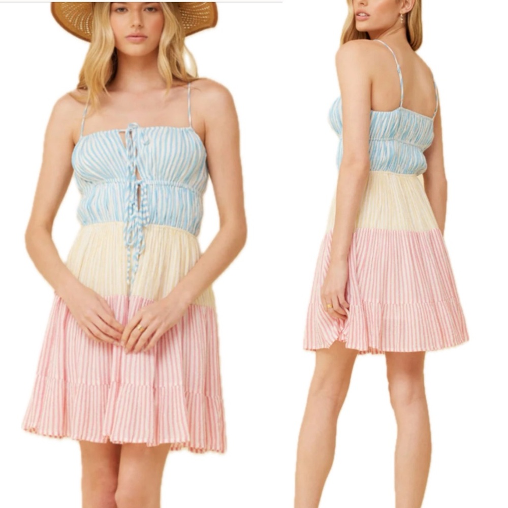 Surf Gypsy-Tiered Spaghetti Strap Dress-Lace Up Front-Lurex Stripe-Sz L-NWT